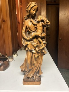 Hand carved wooden statue likely a Bavarian Madonna. Stands 16 Inches High.