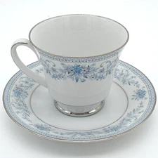Noritake Blue Hill Footed Cup and Saucer Set - #2482 Blue Floral w/Platinum Trim