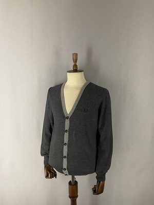 Fred Perry Mens Cardigan Sweater Size L Gray Wool Long Sleeve Front Button