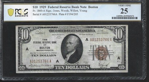US Boston Massachusetts 10 Dollars 1929 PCGS 25 Fr #1860-A