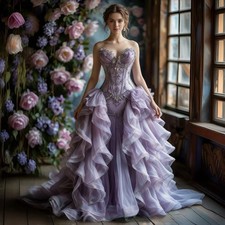 Fantasy Lavender Prom Dresses Ruffles Lace Crystals Beaded Princess Evening Gown