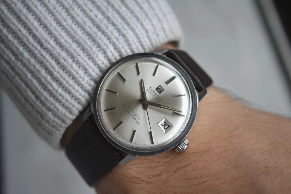 1960s Vintage Tissot Seastar Seven Visodate Automatic Silver Dial Leather Watch - image 2 of 4