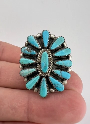 Vtg Tommy Lowe Navajo Sterling Silver Petit Point Turquoise Cluster Women's Ring