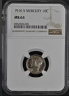 1916 S Mercury Dime, NGC MS 64