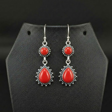 Coral Gemstone 925 sterling silver handmade Dangle Drop Earrings 2.25"