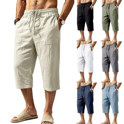 Herren LeinenShorts 3/4 Länge Hosen Sommerhose Strand Jogger Casual Sweatpants - Bild 1 von 4