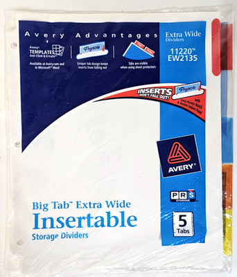 Avery Insertable Dividers 5 Big Tabs Extra Wide Office Binder 9x11 11220 EW2135