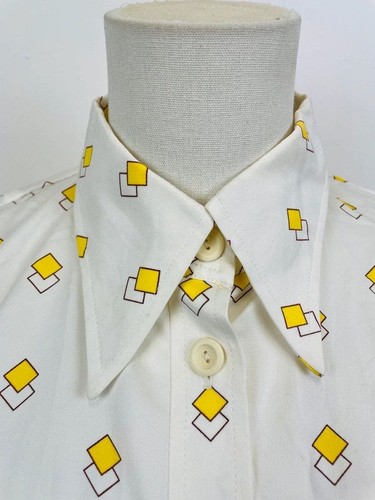 Vintage 70s Japanese White Yellow Geometric Print Dagger Collar Uniform Shirt 8 - Picture 2 of 7