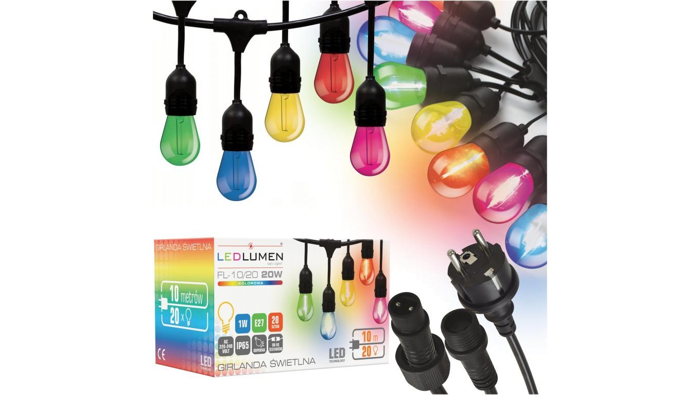 Гирлянда огродова 10 м IP65 20xE27 LED 1 Вт цветная очень светлая 13390₽