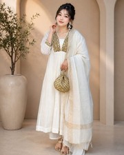 kurti set for women, Women White Chanderi Anarkali Suit Set, Embroidered Kurta