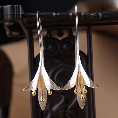 Bell Hoop 925 Sterling Silver Lily Flower & Gold Pollen Drop Earrings Gift  UK | eBay