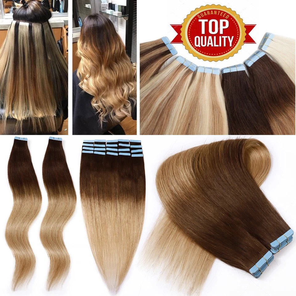 Tape In Human Hair Extensions Skin Weft Real 150g/60pcs Thick Full Head Balayage - Image 2 of 4