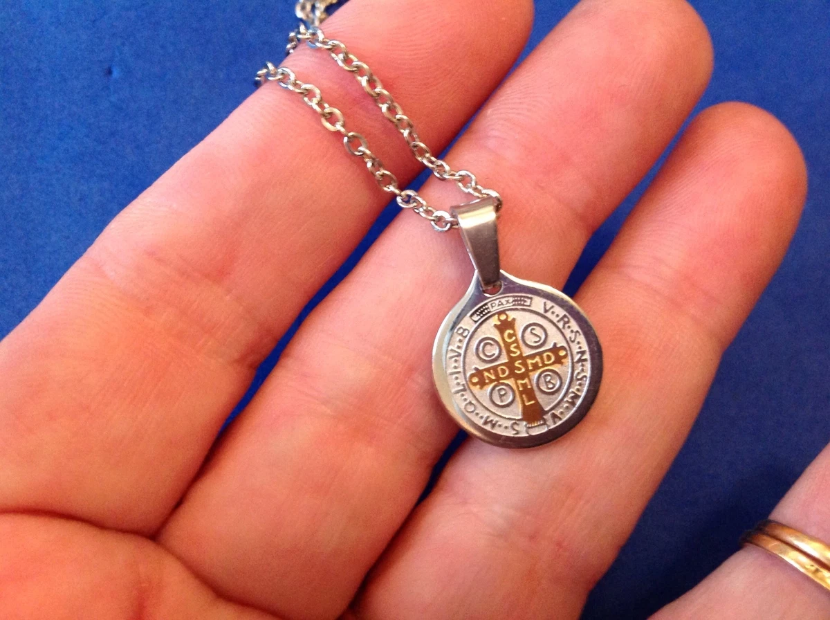 St BENEDICT Medal Protection NECKLACE Saint Medal Two Tone Stainless Steel 23