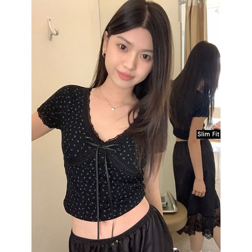 Lace Knitted Top V Collar Blouse Cute T Shirt For Women Girl - Picture 5 of 12
