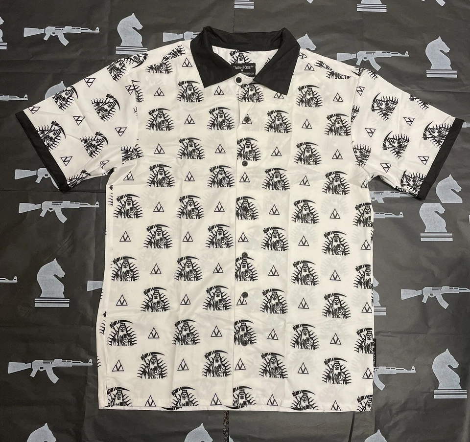 Santa Muerte button up shirt cod patch call of duty Grim reaper Ak47 Skate Punk - Image 2 of 4