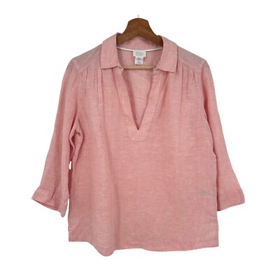 Sigrid Olsen 100% Linen Top V-Neck 3/4 Sleeve Casual Blouse Salmon Pink Size S