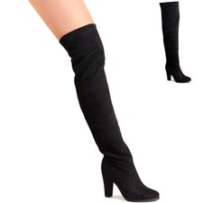 Damen Overknee Stiefel Velours Overknees Krempelschaft Boots Stretch