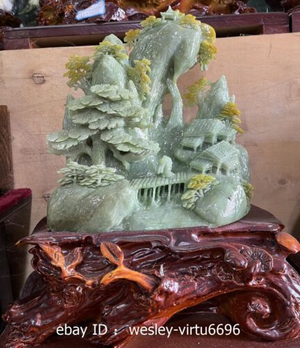 Naturalny kamień Xiu Jadeit Rzeźbiona góra Sosna Krajobraz Dekoracja Sztuka Ozdoby - Zdjęcie 1 z 14