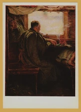 WW2 Military War “Homeward” A man on a train smoking a pipe OLD Soviet Postcard