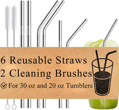 6-Pack Reusable Stainless Steel Metal Straws with Cleaning Brush