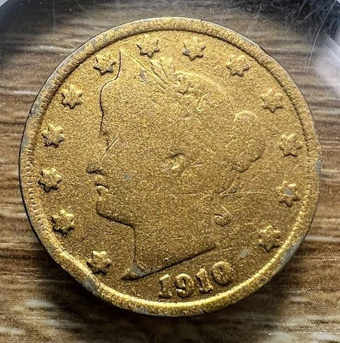 1910 Gold Washed Liberty Head V Nickel - Actual Coin Shown - Free Shipping INV63