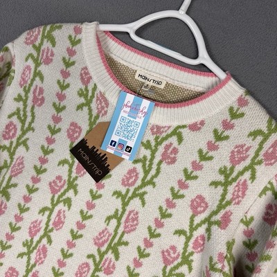 Main Strip Knit Sweater Womens Small Ivory Lined in Flowers Jacquard Acrylic NWT