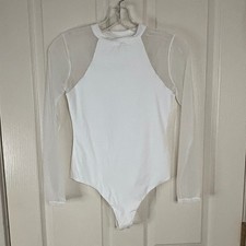White Bodysuit Sheer Mesh Long Sleeve Mock Neck Top Womens size small