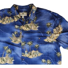 Island Shores Mens XL Blue Tropical Aloha Shirt Palm Tree Pineapple 100 Rayon