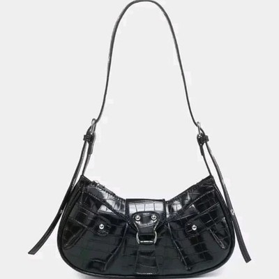 Women s Black Croc Embossed Shoulder Bag w/ Buckle Accent, Adjustable Strap