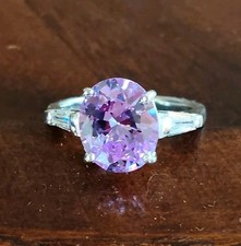 Sterling Silver PINK OVAL Cubic Zirconia Solitaire Ring, Clear Baguettes, Size 7