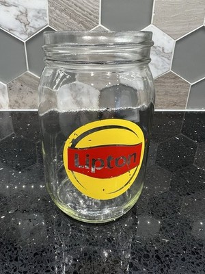 Vintage Glass Tea Jar Yellow Red Lipton