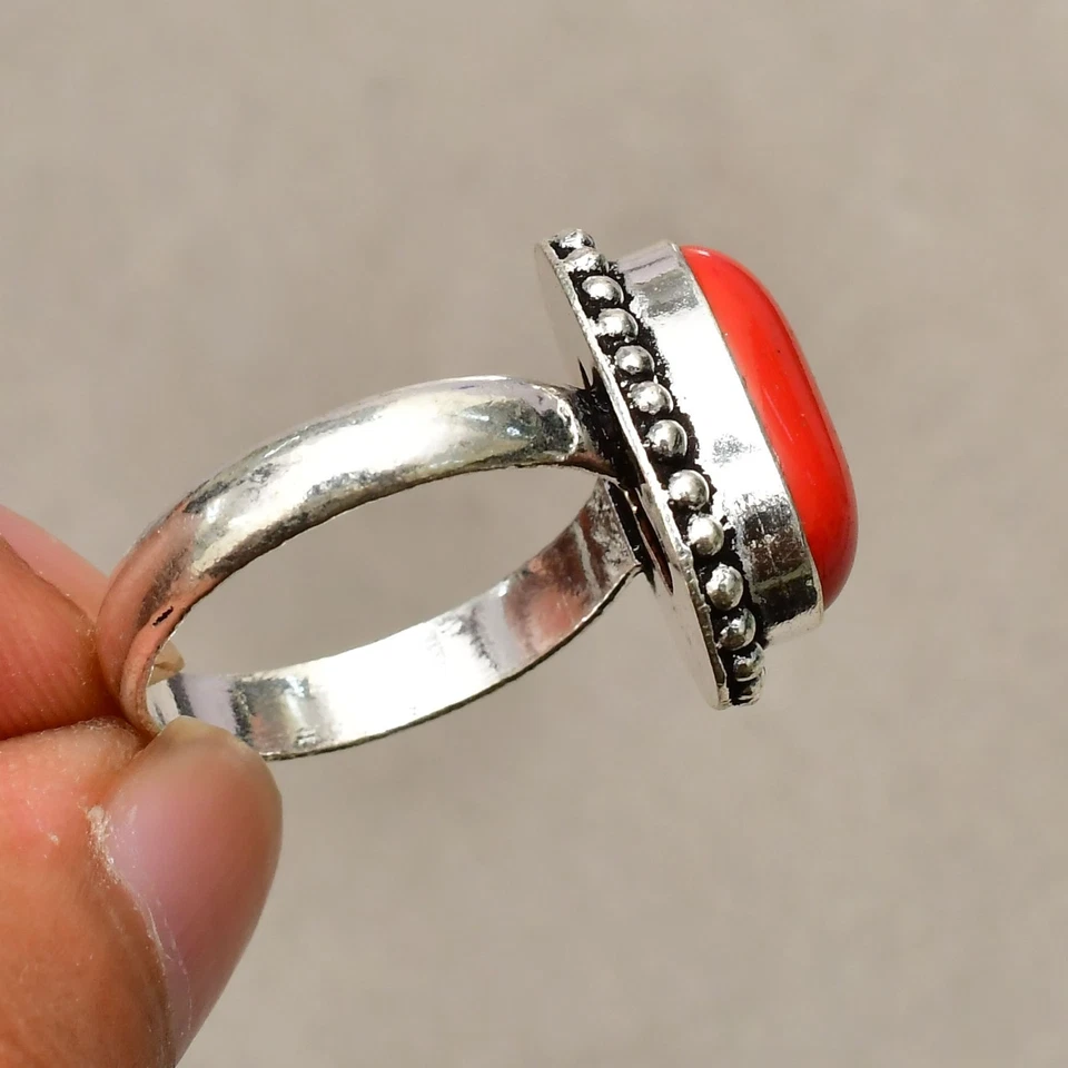 Anello gioiello in argento sterling 925 con pietra preziosa corallo rosso mis... - Immagine 3 di 4