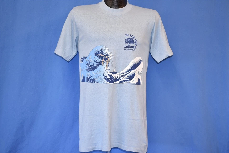 vintage 80s SURF BLACK OAK LIQUORS PASO ROBLES SURFER WAVE DEADSTOCK t-shirt S - Image 2 of 4
