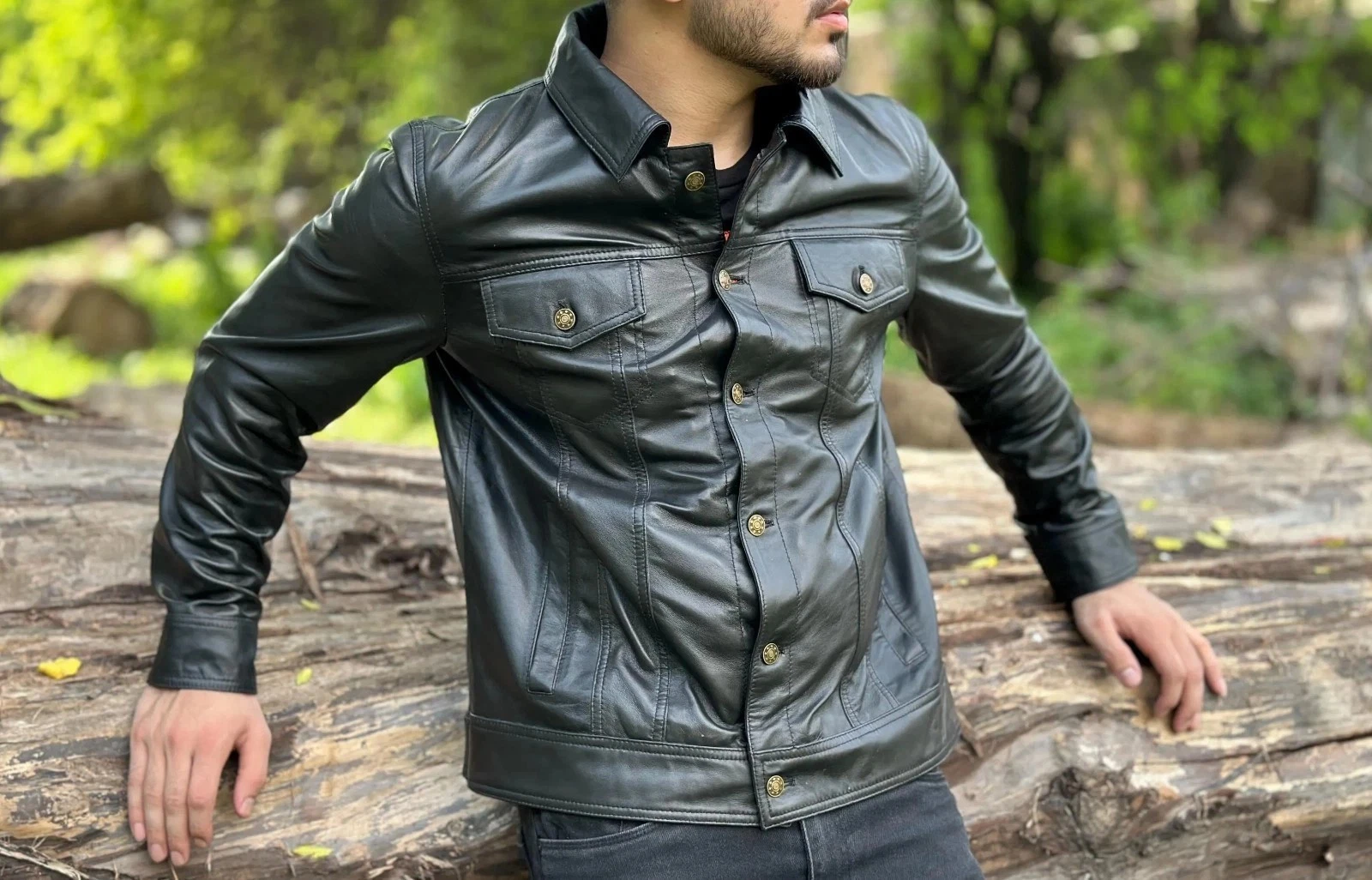 Men Black Leather Trucker Jacket Pure Lambskin Denim Biker Size S M L XL XXL-360