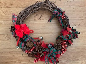 Christmas Grapevine Door Wreath 18” with Red and Green Bows Bells and Garland