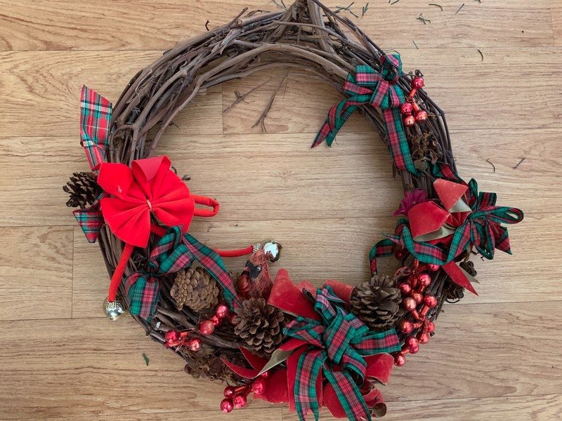 Christmas Grapevine Door Wreath 18” with Red and Green Bows Bells and Garland
