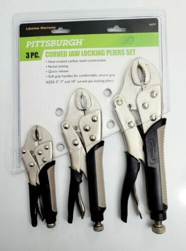 Locking Pliers Set Long Curved Jaw Needle Nose Vice Grips Tool Mechanic 3 Pc Kit - Image 2 of 2