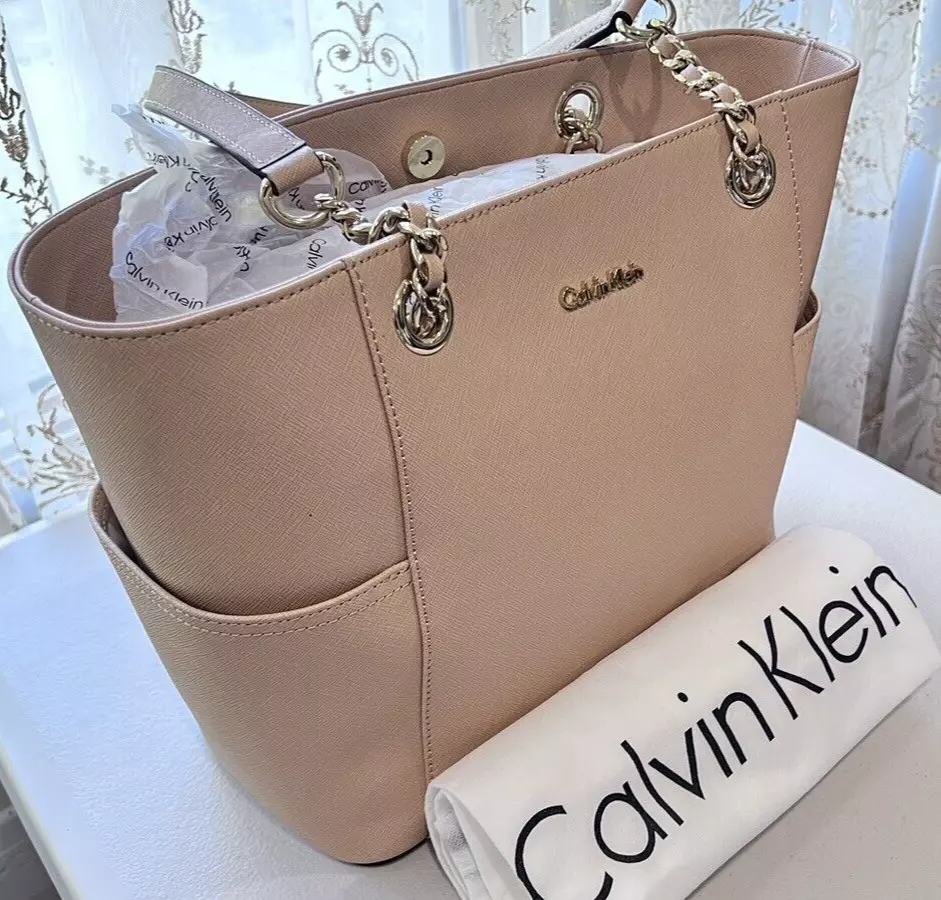 Calvin Klein Key Item Saffiano Leather Chain Tote Beige Nude