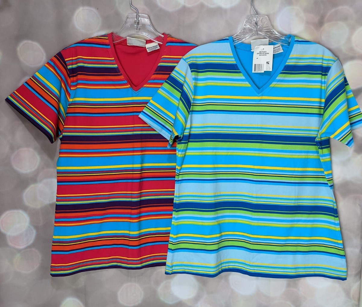 Basic Edition Womens Lot Of Multicolored Horizontal Striped Vtg V-neck  T-shirt