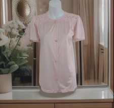 Vintage VANITY FAIR Bed Jacket Top S Pink Short Sleeve Button Up Lingerie Lace