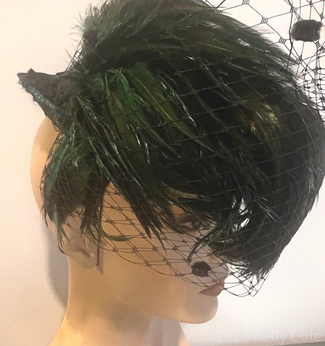 Teal Black Lace Feather Tilt Hat Veil 1 Of A Kind Up Cycled Vintage hand painted - Picture 3 of 13