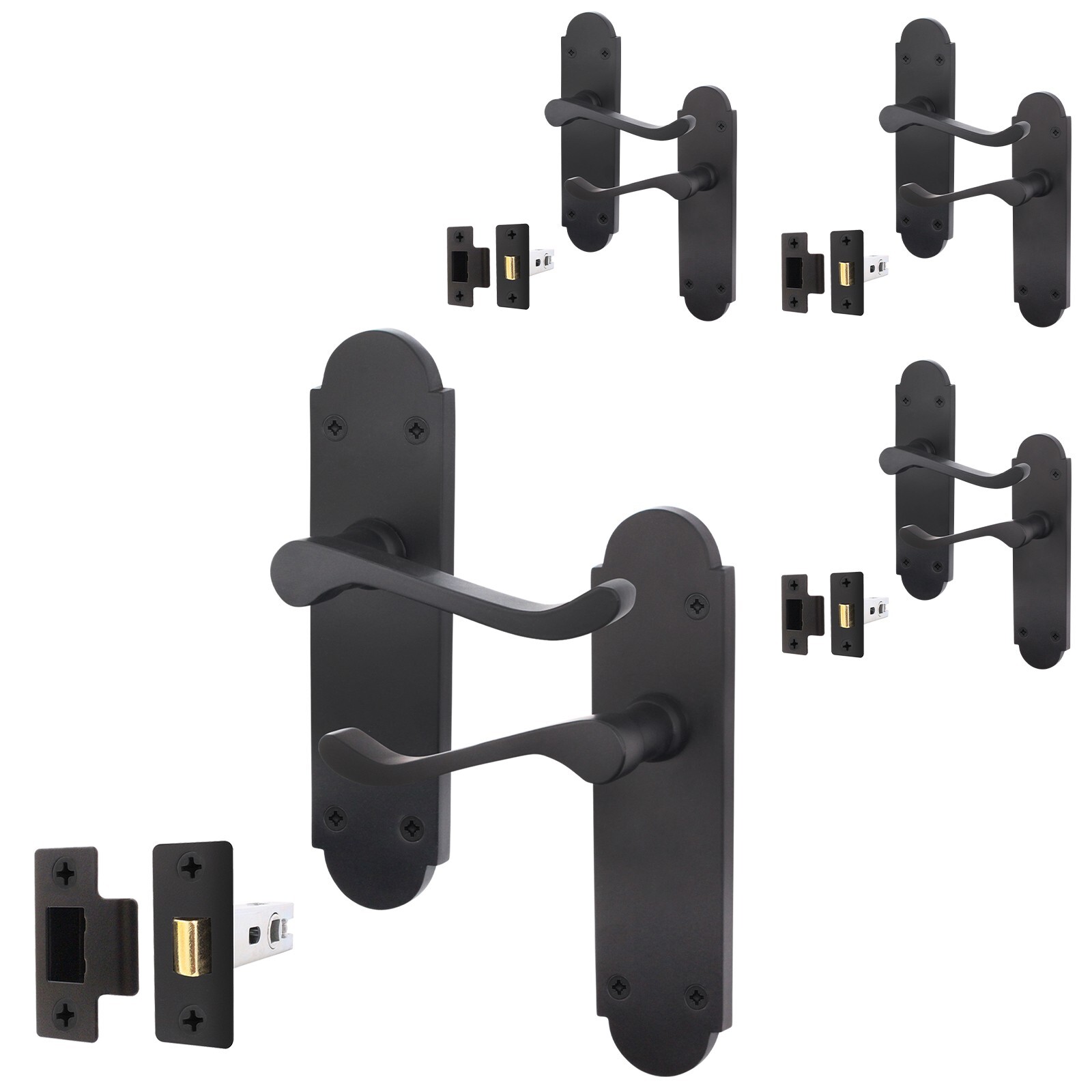 Matt Black Door Handles & Latch Set, Victorian Scroll Shaped | Pack of 4