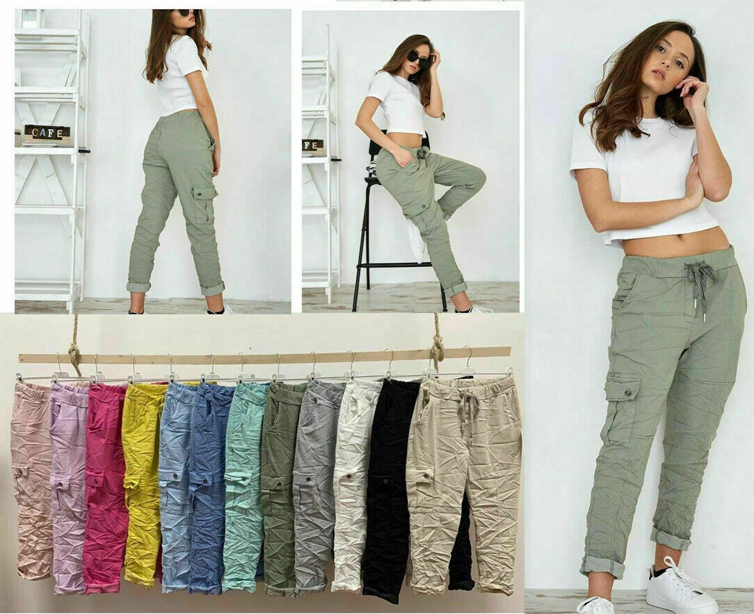 New Women Ladies Magic Stretch Plain Joggers Single Cargo Pocket Trousers  Pant