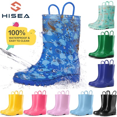 HISEA Kids Toddlers Rain Boots w/ Handles Boys Girls Waterproof Mid-Calf Wellies