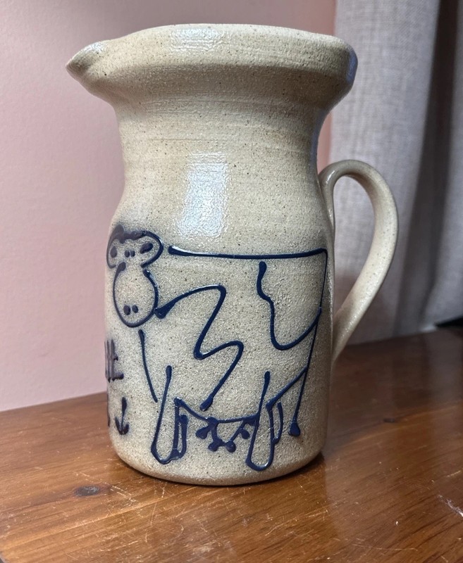 Vintage Cow - Salmon Falls Stoneware salt glazed pitcher 8” Dover NH handmade