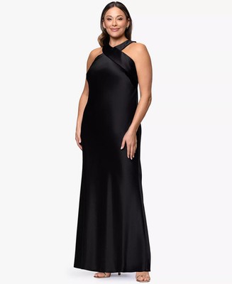 Xscape Plus Size Ball Gown 16W Black Satin Tie Halter Neck NWT $319