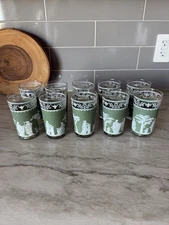 Vintage Jeannette Glass Tumblers SET OF 10-Hellenic Green Gold Trim