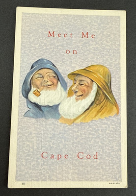 Postcard: Men Blue Yellos Hat Pipe ~ Meet Me on Cape Cod ~ Massachusetts