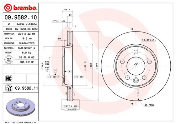 Disque de frein 09.9582.11 BREMBO pour VW Golf et Passat 5 trous