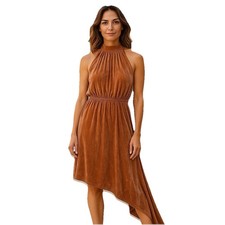 Express Dress Sz S Rose Gold Crushed Velvet Asymmetrical Mock-Neck Open Back